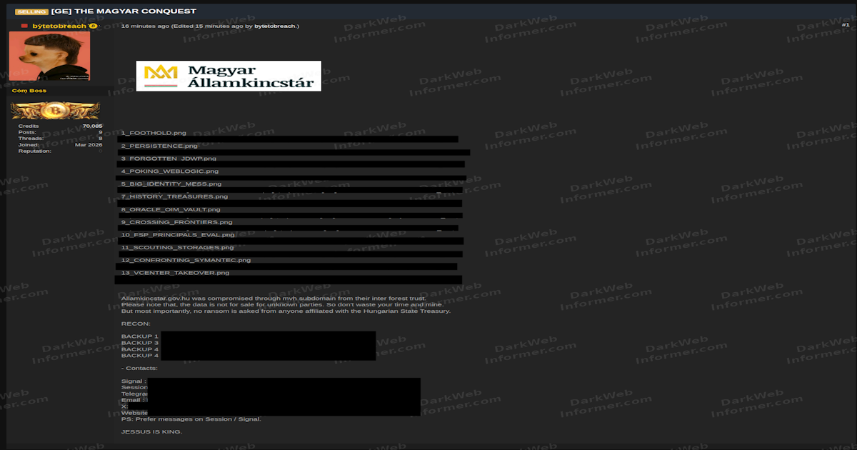 Hungarian State Treasury Allegedly Compromised, Actor Claims vCenter and Identity Vault Access
