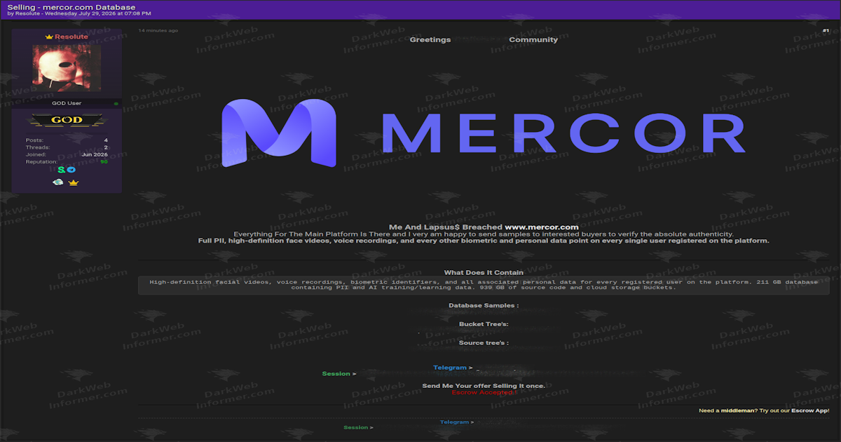 Mercor Breached, Biometric Face and Voice Data on Every Registered User Offered for Sale