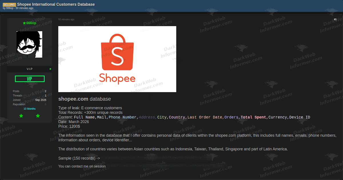 Shopee Customer Database Allegedly for Sale, 300 Million Records Claimed Across Asia and Latin America