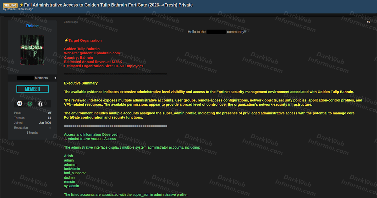 Broker Advertises Super Admin Access to Golden Tulip Bahrain FortiGate Firewall