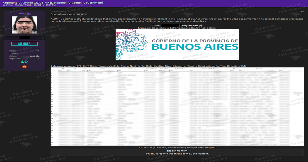 Buenos Aires Student Database Leak Claim Lists 1.7 Million Enrollment Records