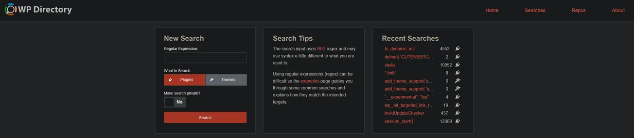 WPdirectory.net is a specialized search tool designed for lightning-fast regex searching within the WordPress Plugin and Theme directories