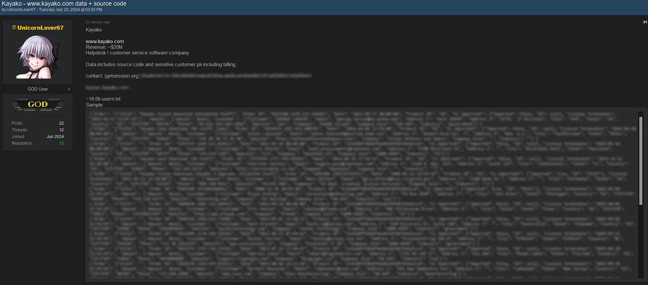 UnicornLover67 has allegedly leaked the data of Kayako