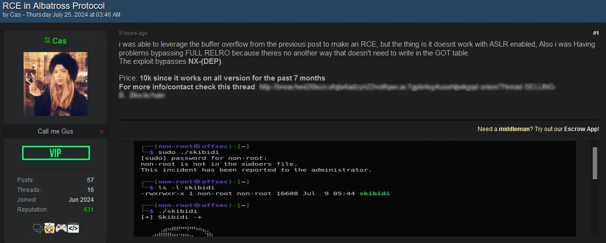 Cas is allegedly selling a RCE in Albatross Protocol