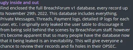 emo leaked the full database of BreachForums 1.0