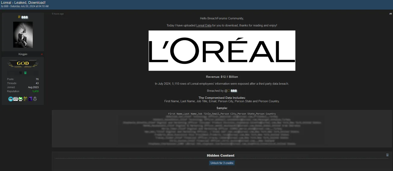 888 has allegedly leaked data belonging to L'Oréal