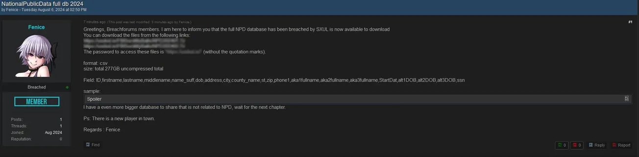 A Threat Actor Has Allegedly Leaked NationalPublicData Dated 2024