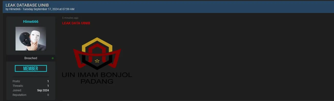 A Threat Actor Allegedly Leaked the Database of UIN Imam Bonjol Padang