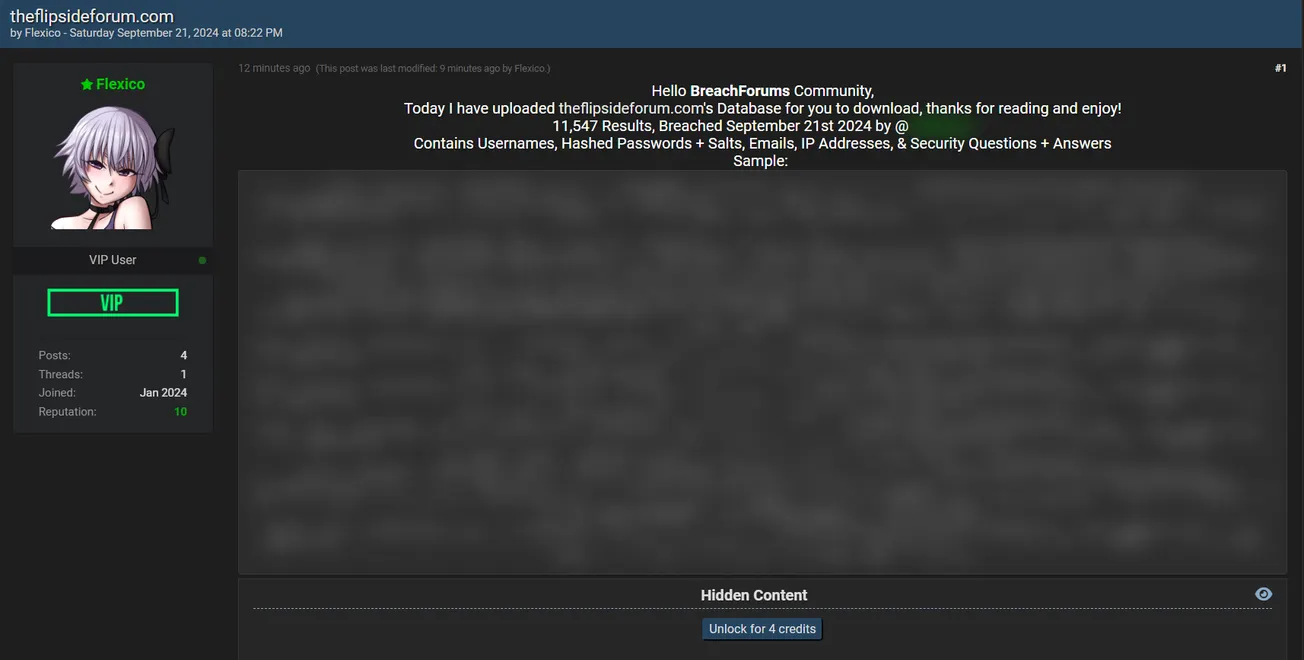 A Threat Actor Allegedly has Leaked The FLipside Forum Database