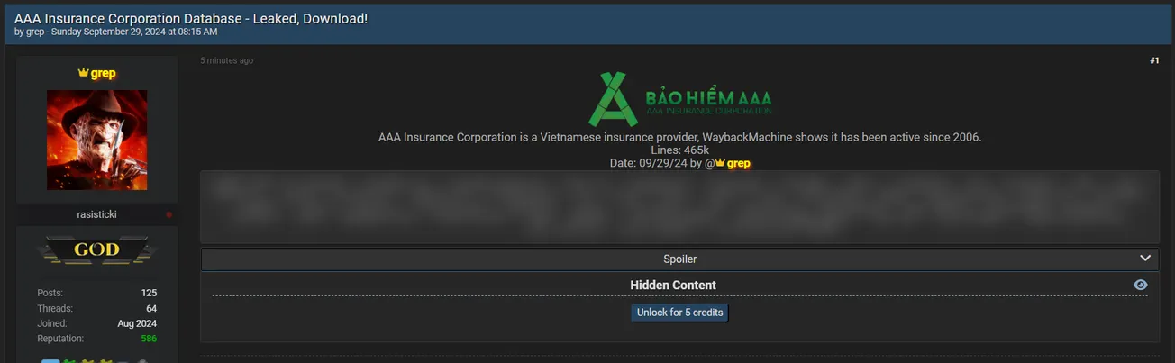 grep Allegedly Leaked the Database of AAA Insurance Binh Duong
