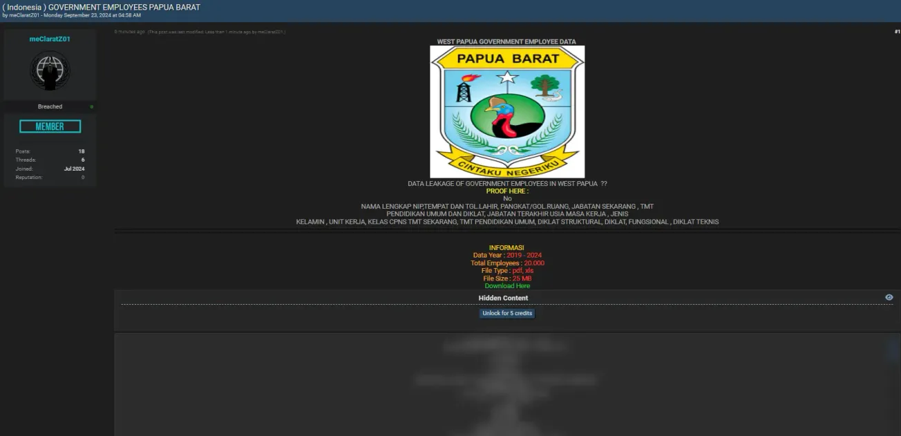 A Threat Actor Allegedly Leaked Government Employee Data from West Papua