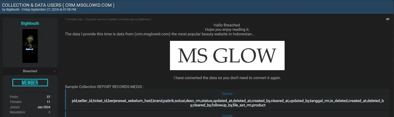 A Threat Actor has Allegedly Leaked Data of MS GLOW Beauty