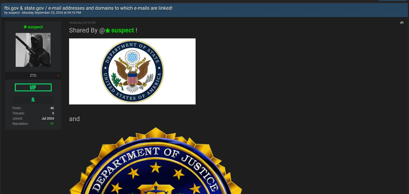 A Threat Actor has Allegedly Leaked Email Addresses/Domains of U.S. Department of State & FBI