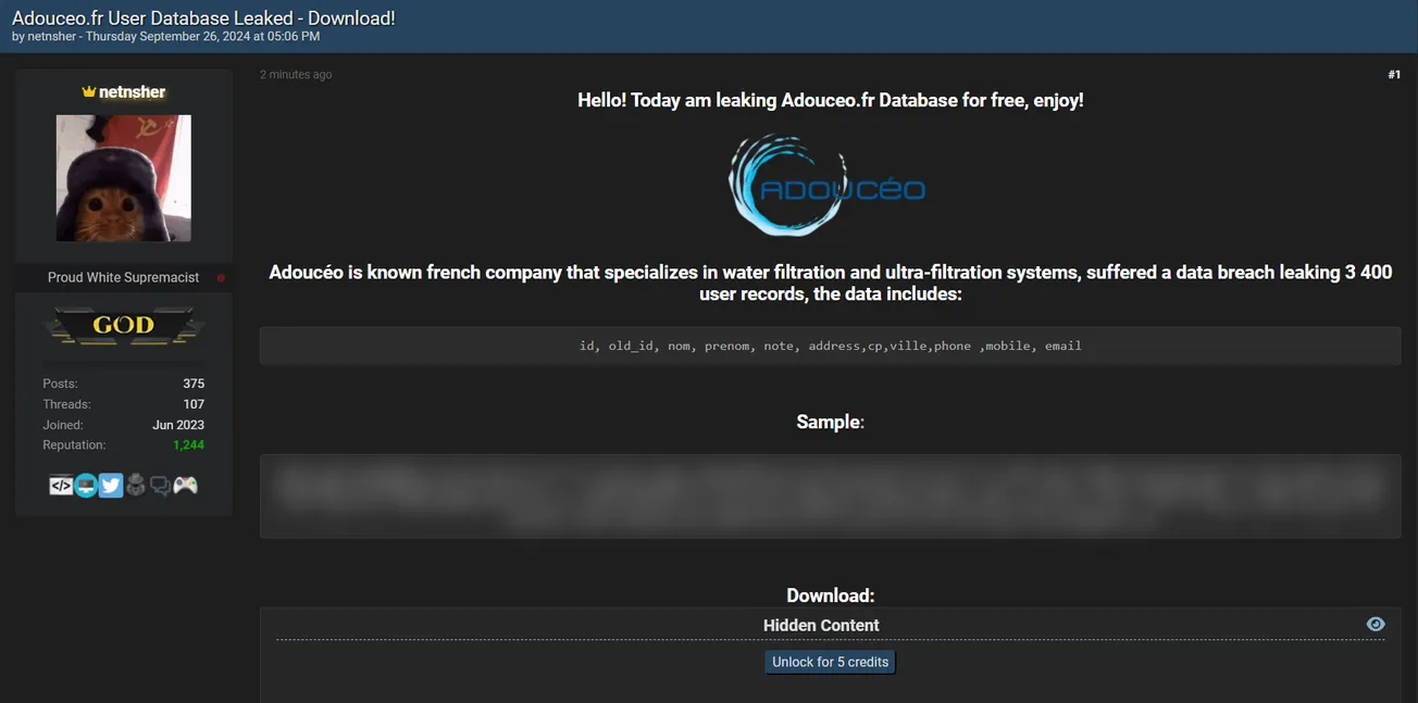 A Threat Actor Allegedly Leaked the Adouceo Database