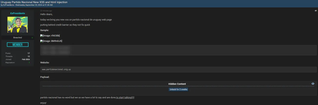 A Threat Actor Allegedly Has Leaked Vulnerabilities in the Website of Partido Nacional