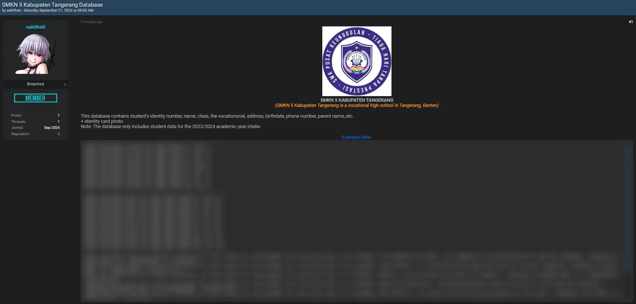 A Threat Actor Allegedly Leaked Data of SMKN 5 Kabupaten Tangerang