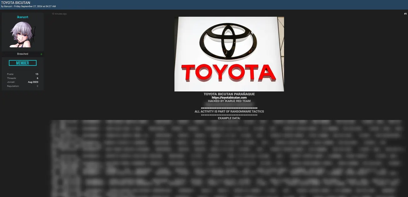 A Threat Actor Allegedly Leaked Data of Toyota Bicutan Paranaque