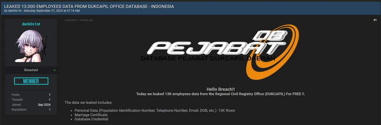 A Threat Actor Allegedly Leaked the Database of Dukcapil Online