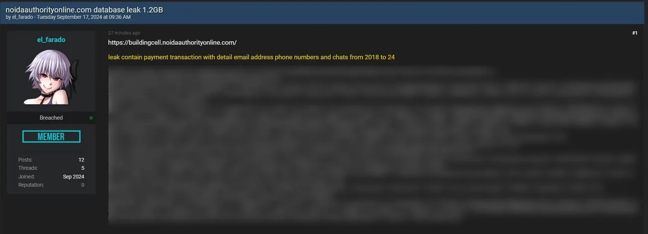 A Threat Actor Allegedly Leaked the Database of NOIDA
