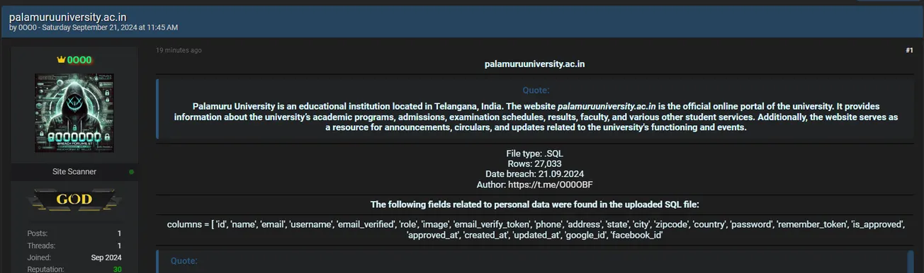 A Threat Actor Allegedly Leaked the Data of Palamuru University, Mahabubnagar