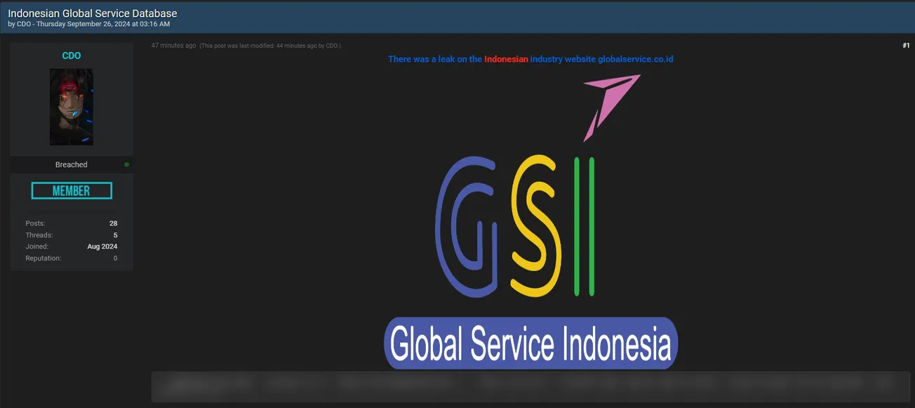 A Threat Actor Allegedly Leaked Data of PT Global Service Indonesia