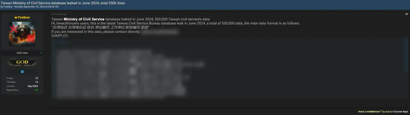 A Threat Actor Allegedly Leaked Data of Ministry of Civil Service of Taiwan