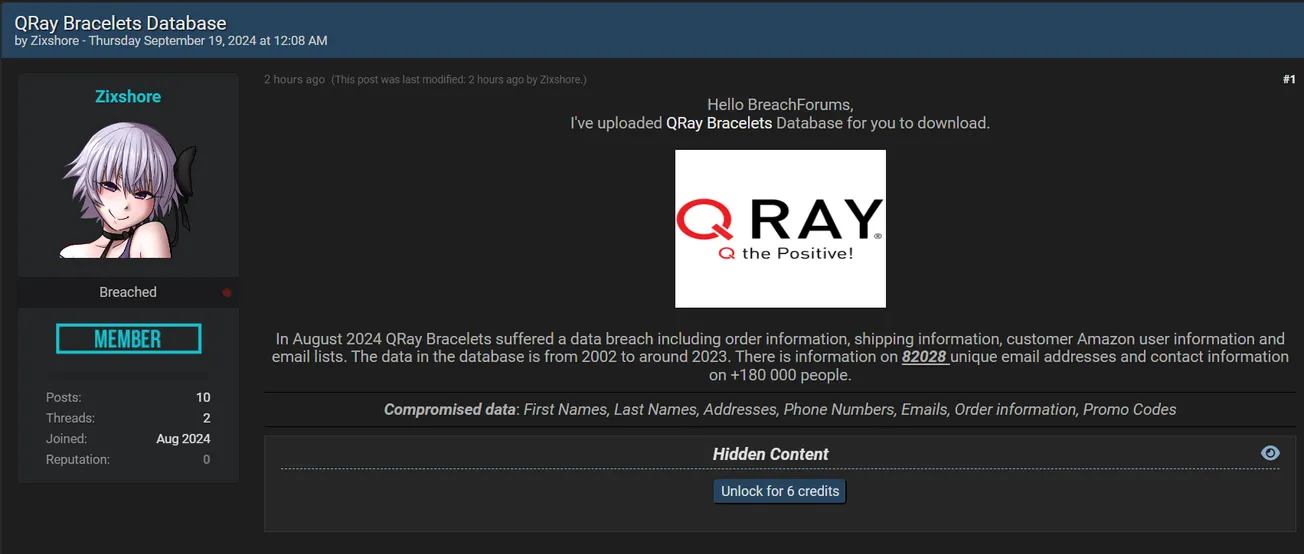 A Threat Actor has Allegedly Leaked the Database of QRay Bracelets