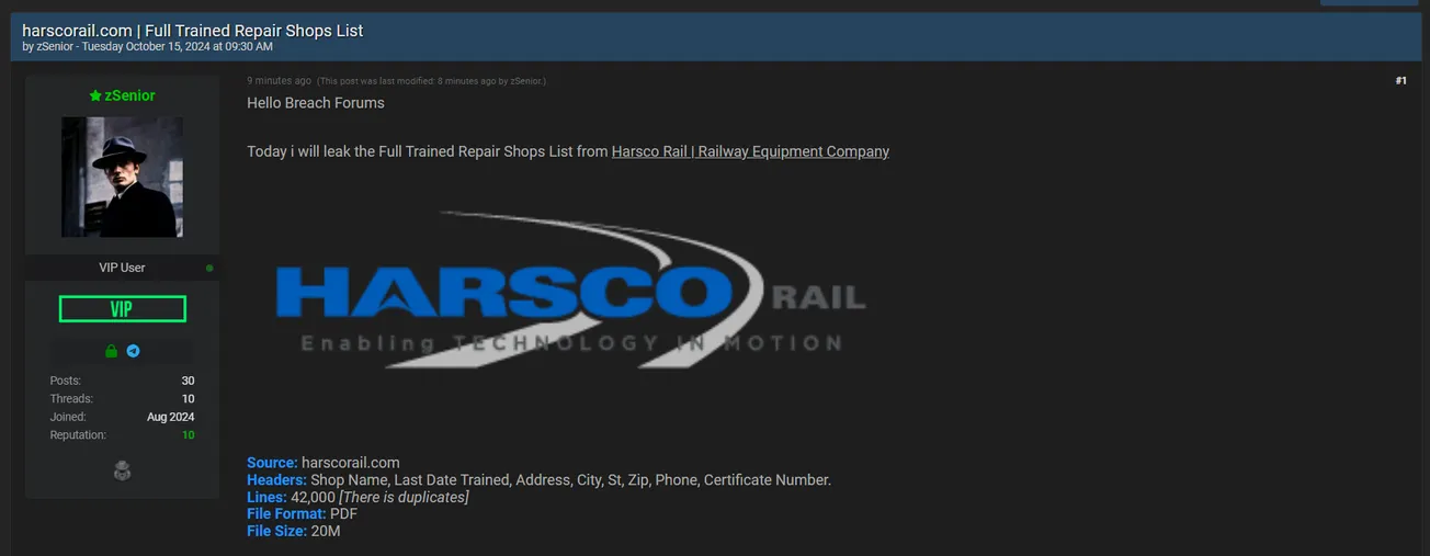 A Threat Actor has Allegedly Leaked the Data of Harsco Rail