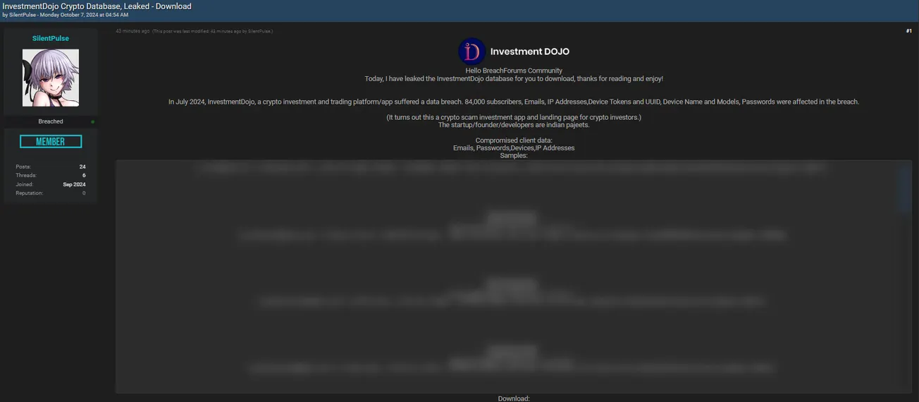 A Threat Actor has Leaked the Data of Investment DOJO