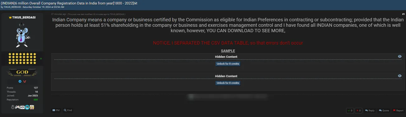 A Threat Actor Allegedly Leaked Company Registration Data from India