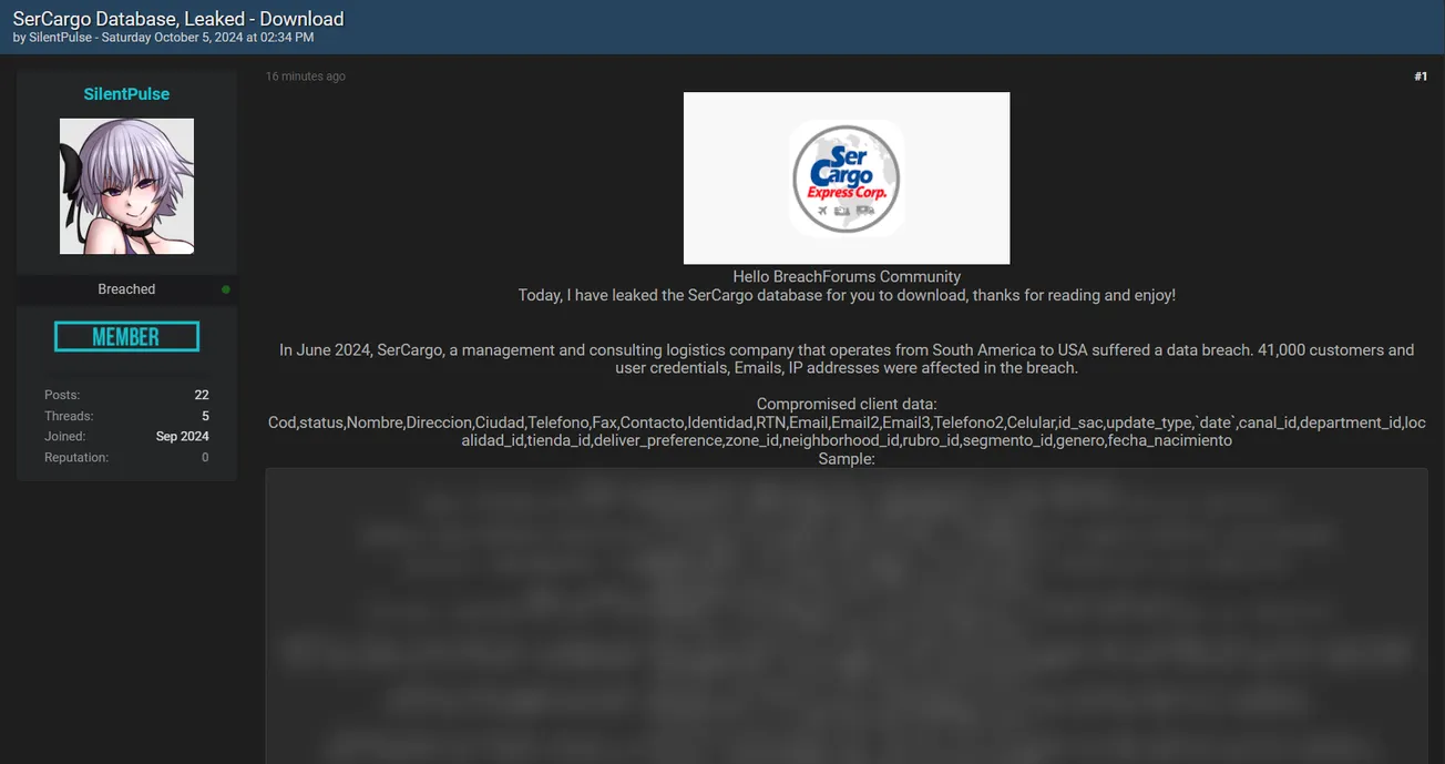 A Threat Actor has Allegedly Leaked SerCargo Express Database