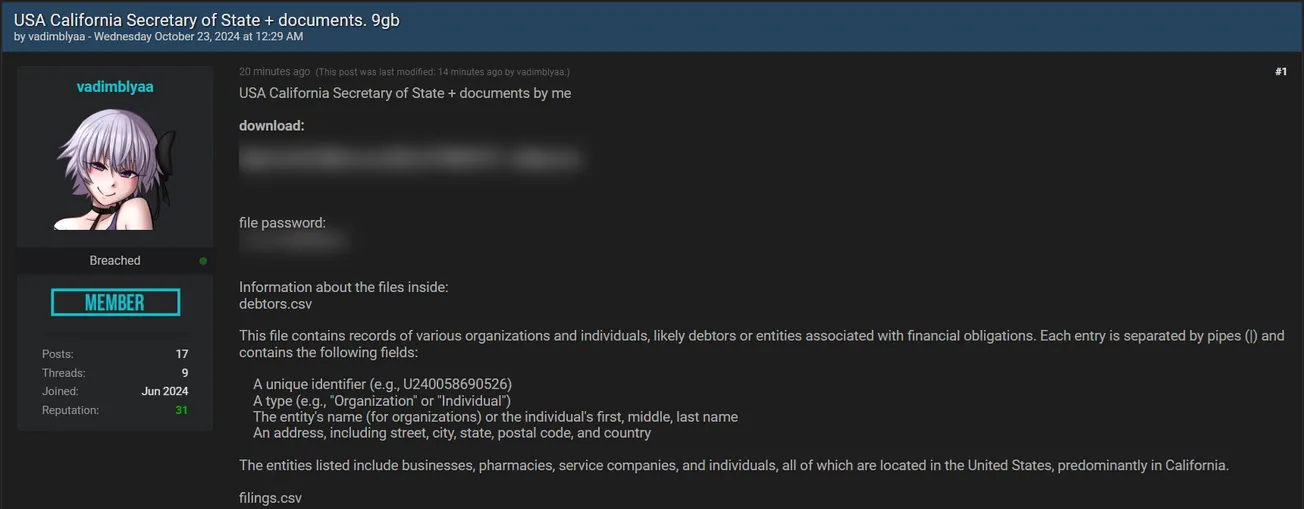 A Threat Actor has Allegedly Leaked Data of California Secretary of State