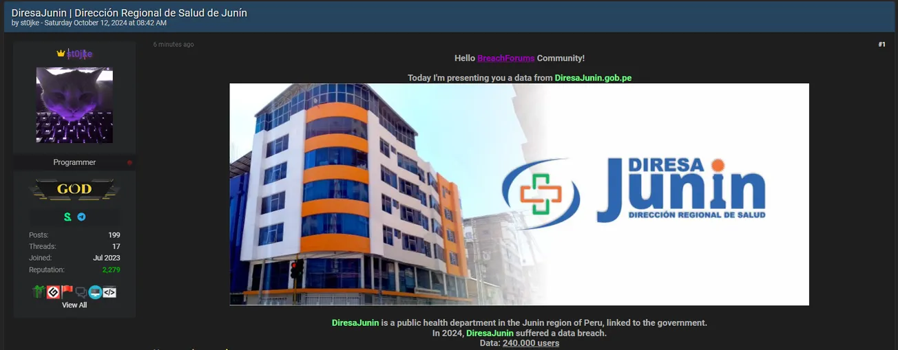 A Threat Actor Allegedly Leaked the Data of Junín Regional Health Directorate