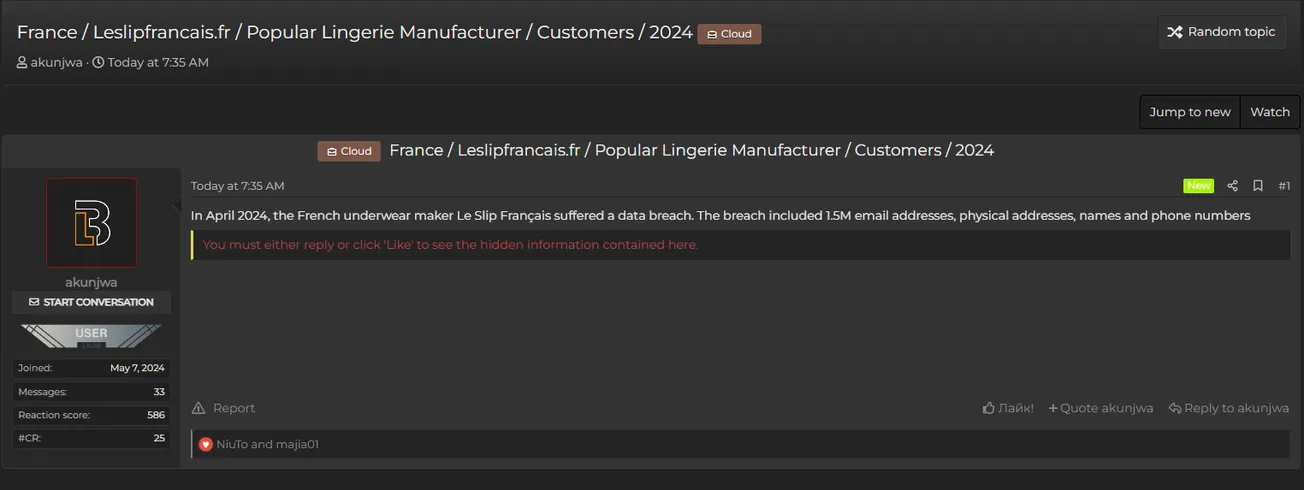 A Threat Actor has Allegedly Leaked the Database of Le Slip Français