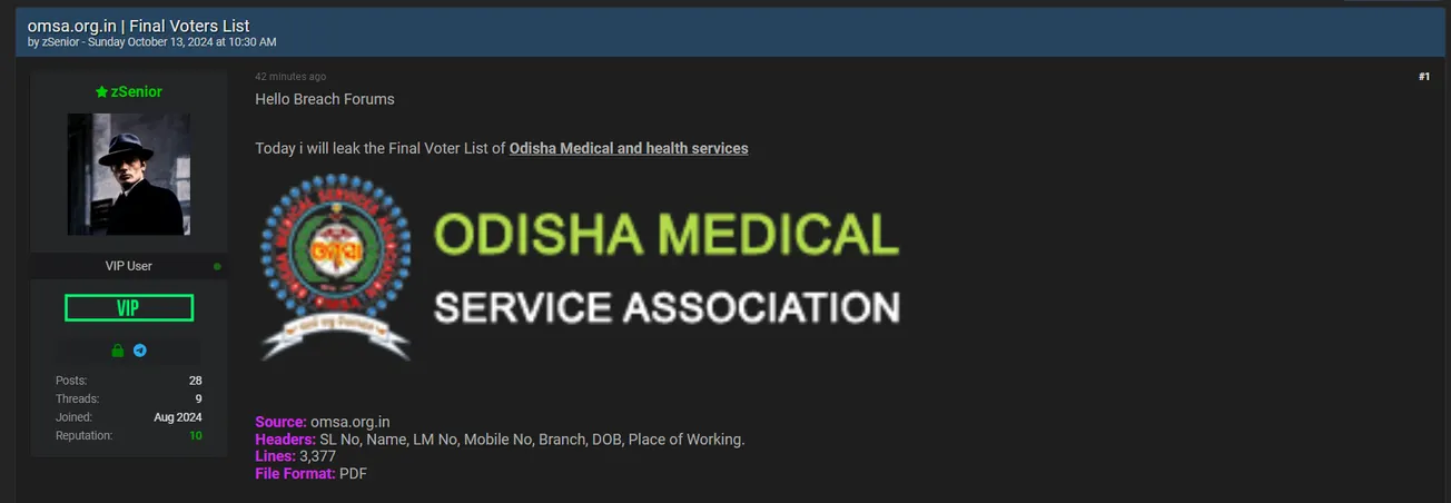 A Threat Actor Allegedly Leaked Odisha Medical Services Association Database