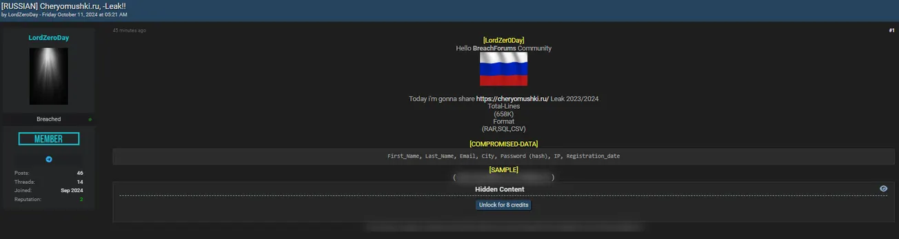 LordZeroDay has Allegedly Leaked the data of CHEREMUSHKI