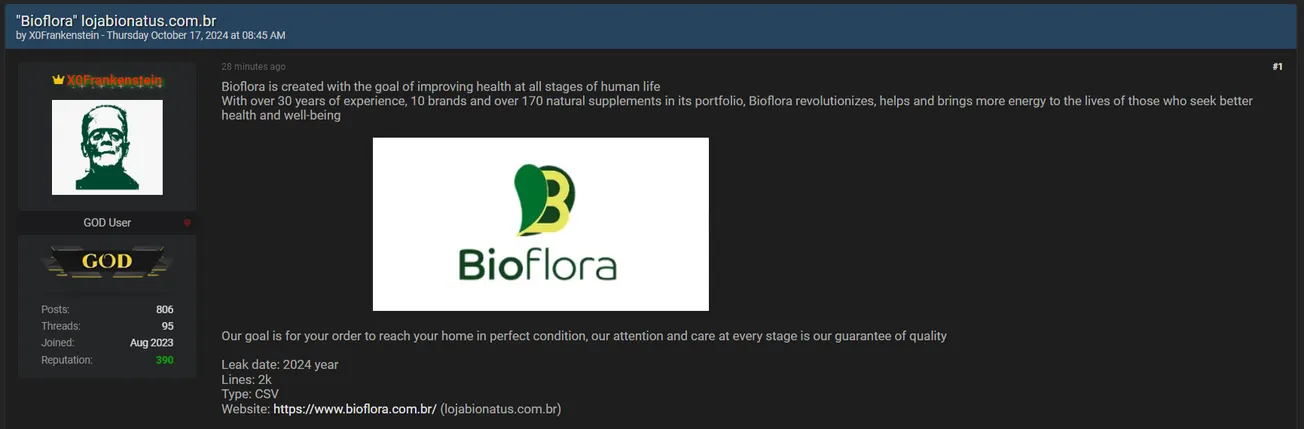 X0Frankenstein Allegedly Leaked Data of Bioflora