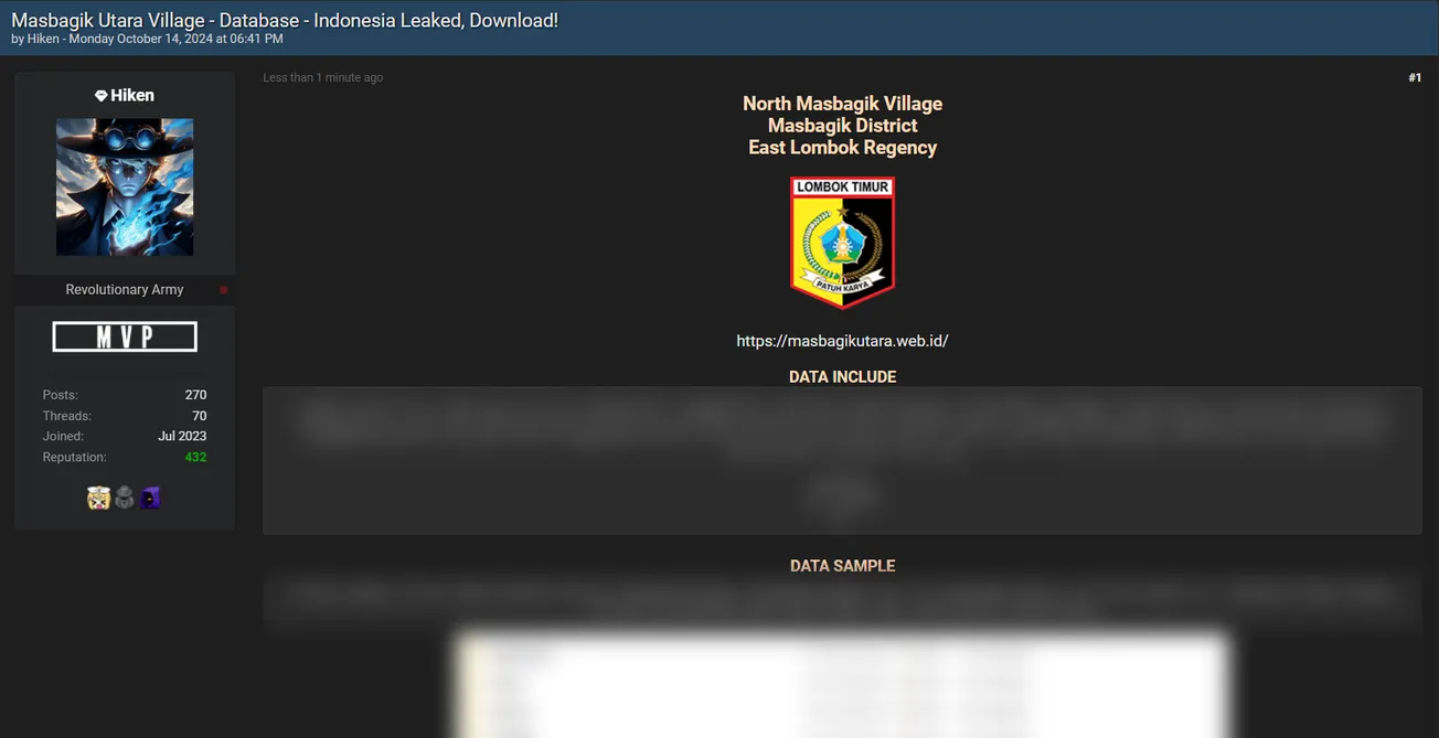Hiken Allegedly Leaked North Masbagik Village Data
