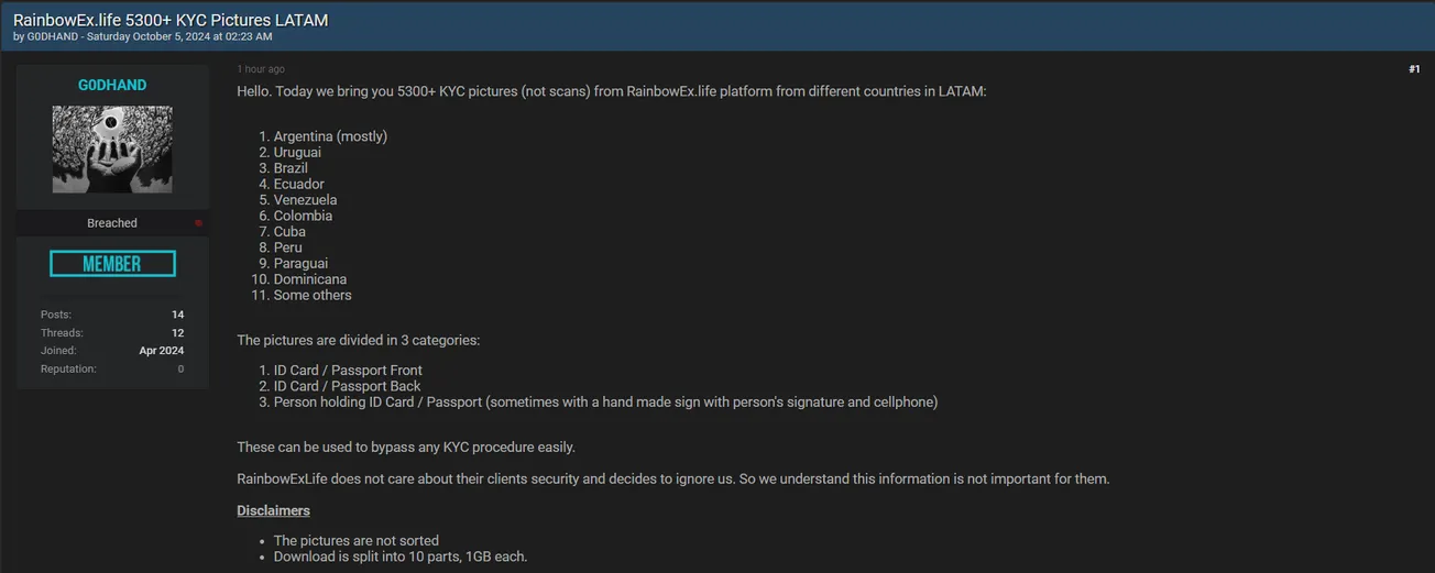 A Threat Actor has Allegedly Leaked KYC Pictures from RainbowEx