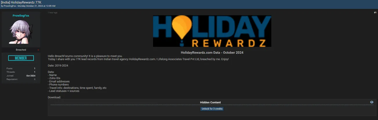 A Threat Actor Allegedly Leaked Data of HolidayRewardz
