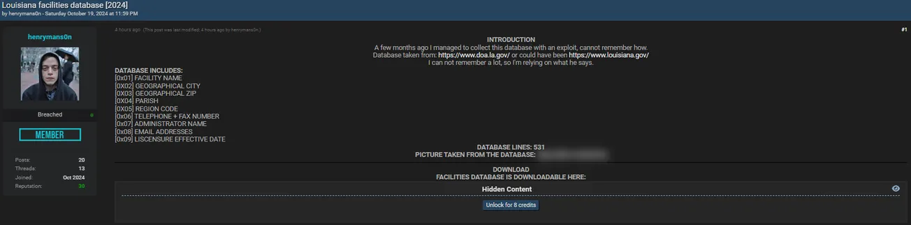 A Threat Actor Allegedly Leaked Louisiana Facilities Database