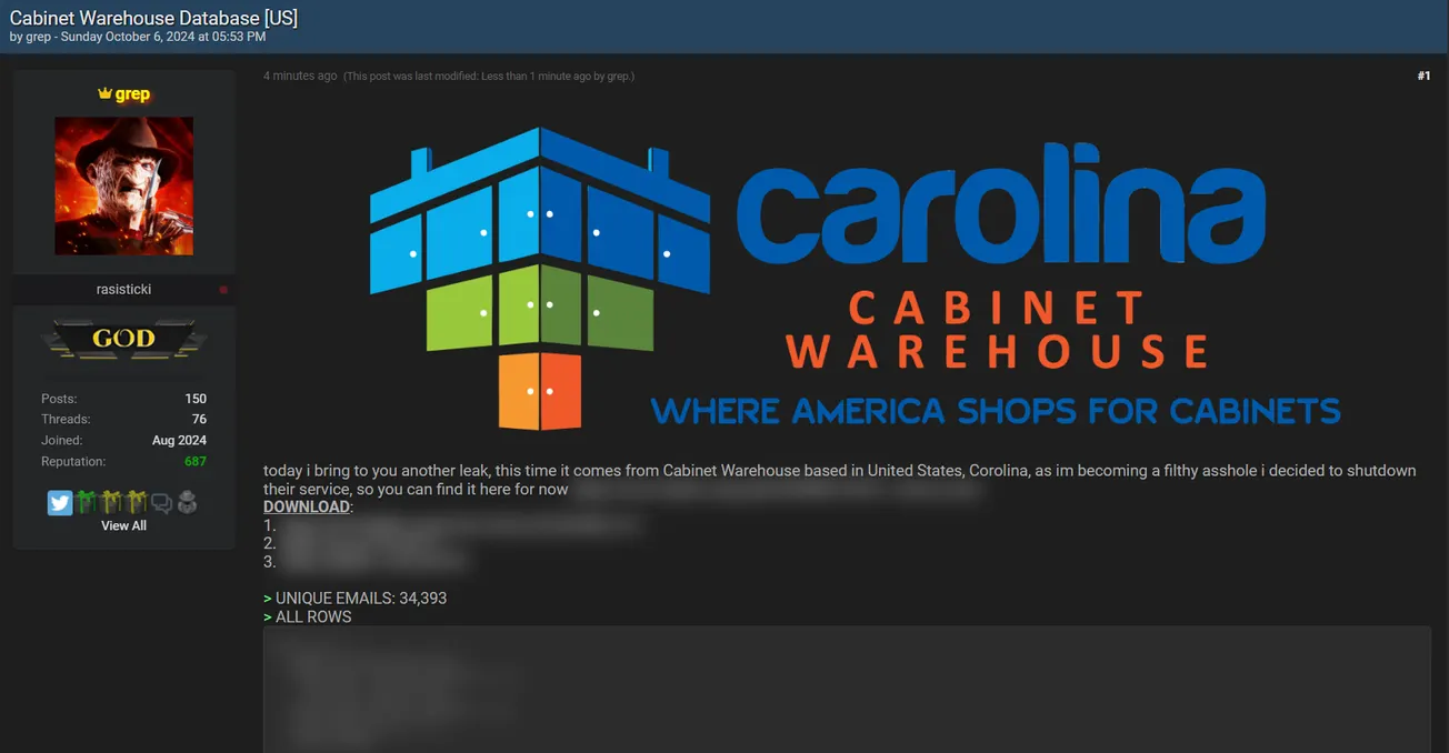 grep Allegedly Leaked the Database of Carolina Cabinet Warehouse