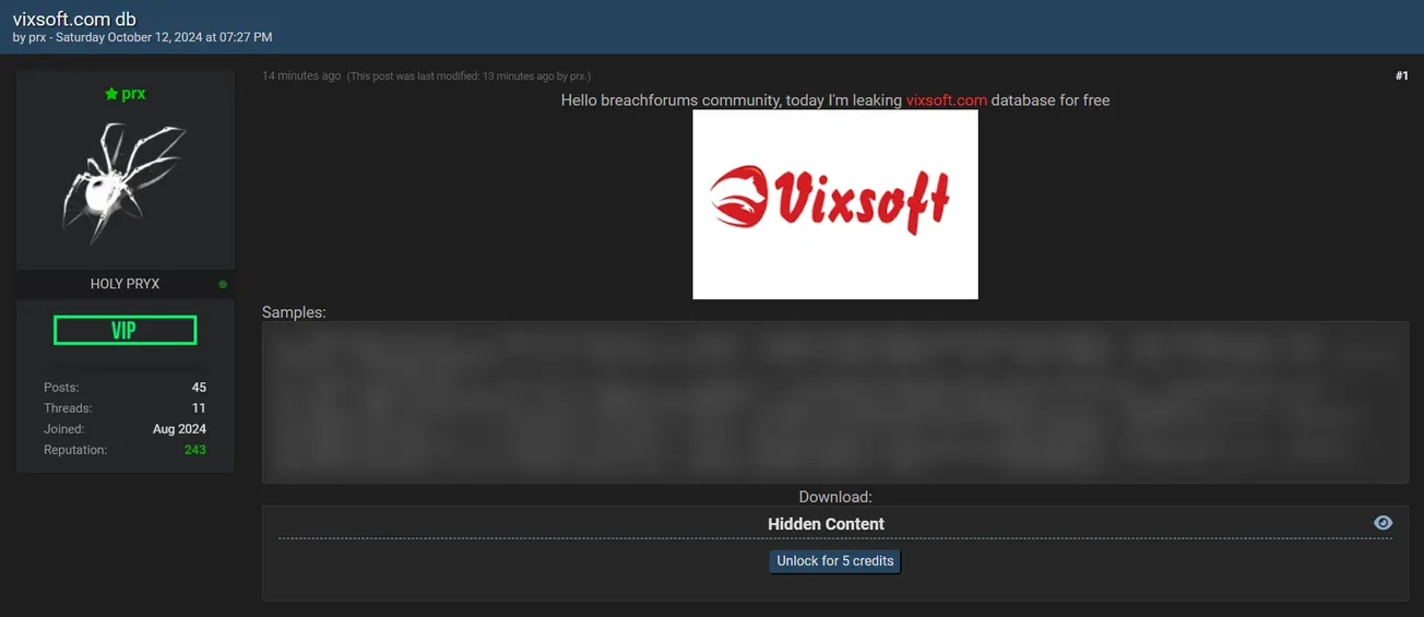 prx Allegedly Leaked the Vixsoft Database