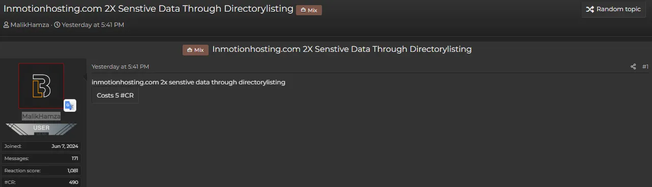 A Threat Actor Allegedly Leaked Data of InMotion Hosting