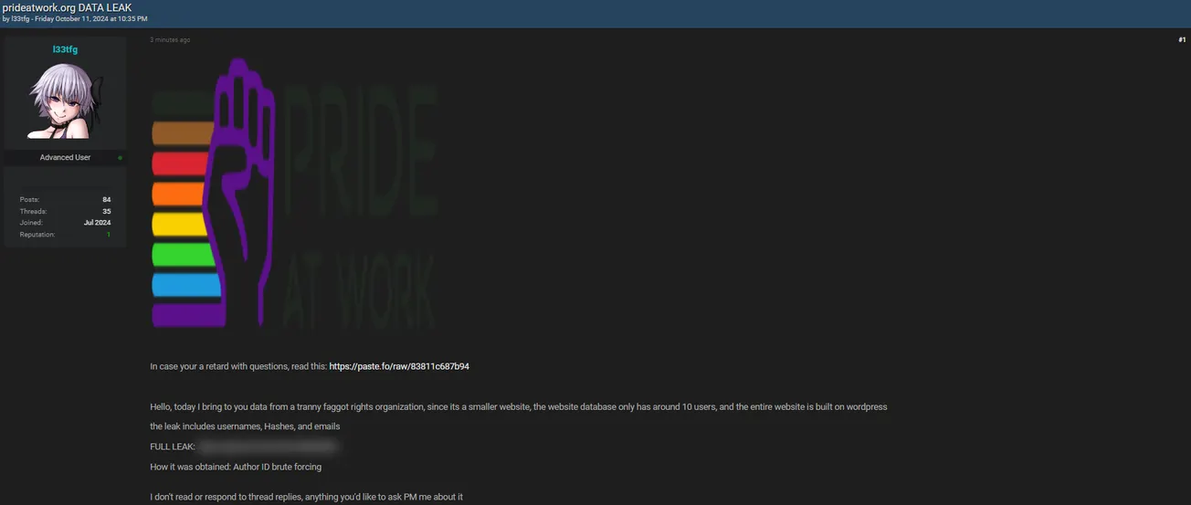 A Threat Actor has Allegedly Leaked the data of Pride at Work