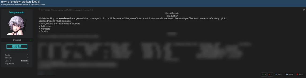 A Threat Actor Allegedly Leaked Data of Town of Brookline
