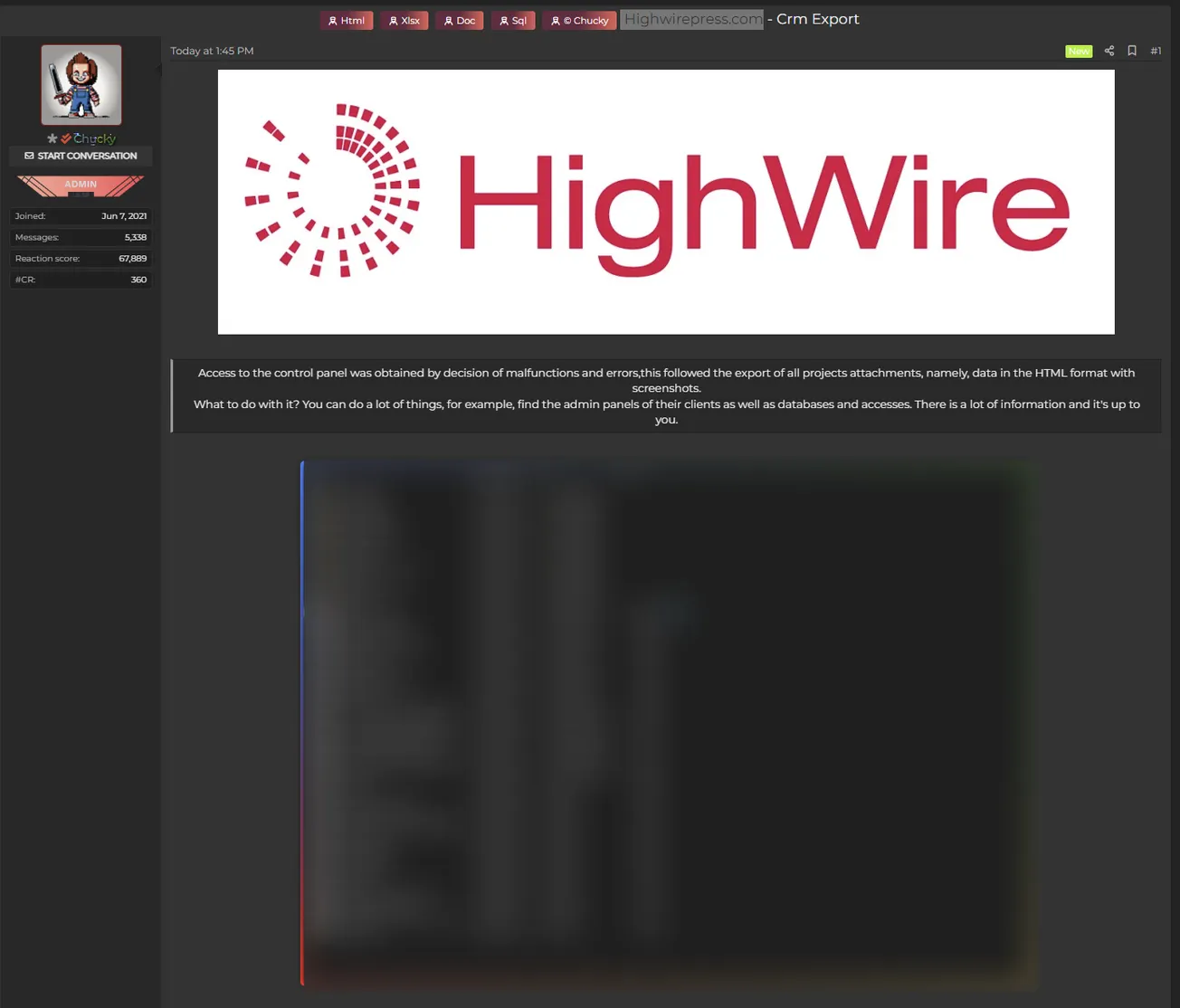Chucky Allegedly Leaked Exported CRM Data From HighWire Press