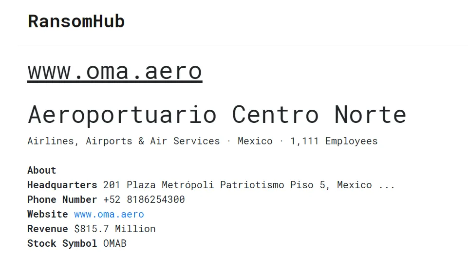 Grupo Aeroportuario del Centro Norte (OMA),Has Been Claimed a Victim to RansomHub Ransomware