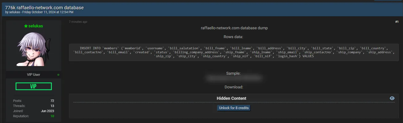 A Threat Actor Allegedly Leaked the Raffaello Network Database