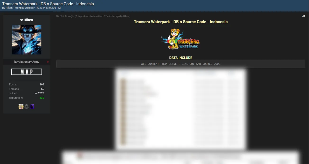 Hiken Allegedly Leaked the Transera Waterpark Database
